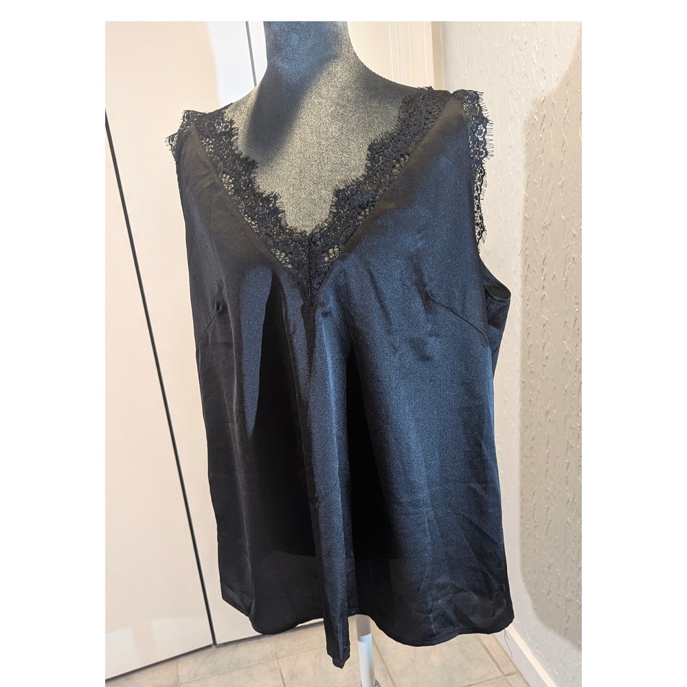 Satin Lace Trim Cami Black Top Sleeveless XL Night Out Minimalist Goth Romantic